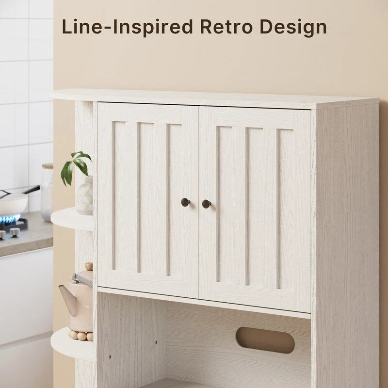 Farmhouse Kitchen Storage Cabinet with Doors and Open Shelves, Buffet Sideboard with Microwave Shelves and Drawers