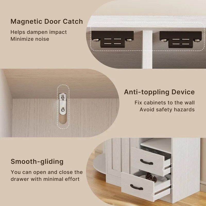 Farmhouse Kitchen Storage Cabinet with Doors and Open Shelves, Buffet Sideboard with Microwave Shelves and Drawers