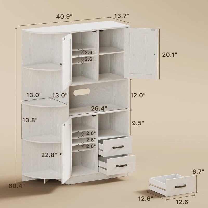 Farmhouse Kitchen Storage Cabinet with Doors and Open Shelves, Buffet Sideboard with Microwave Shelves and Drawers