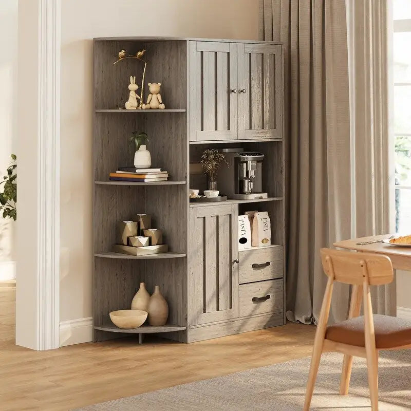 Farmhouse Kitchen Storage Cabinet with Doors and Open Shelves, Buffet Sideboard with Microwave Shelves and Drawers