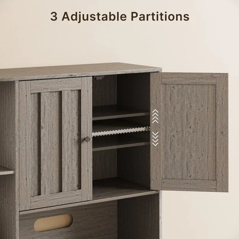 Farmhouse Kitchen Storage Cabinet with Doors and Open Shelves, Buffet Sideboard with Microwave Shelves and Drawers