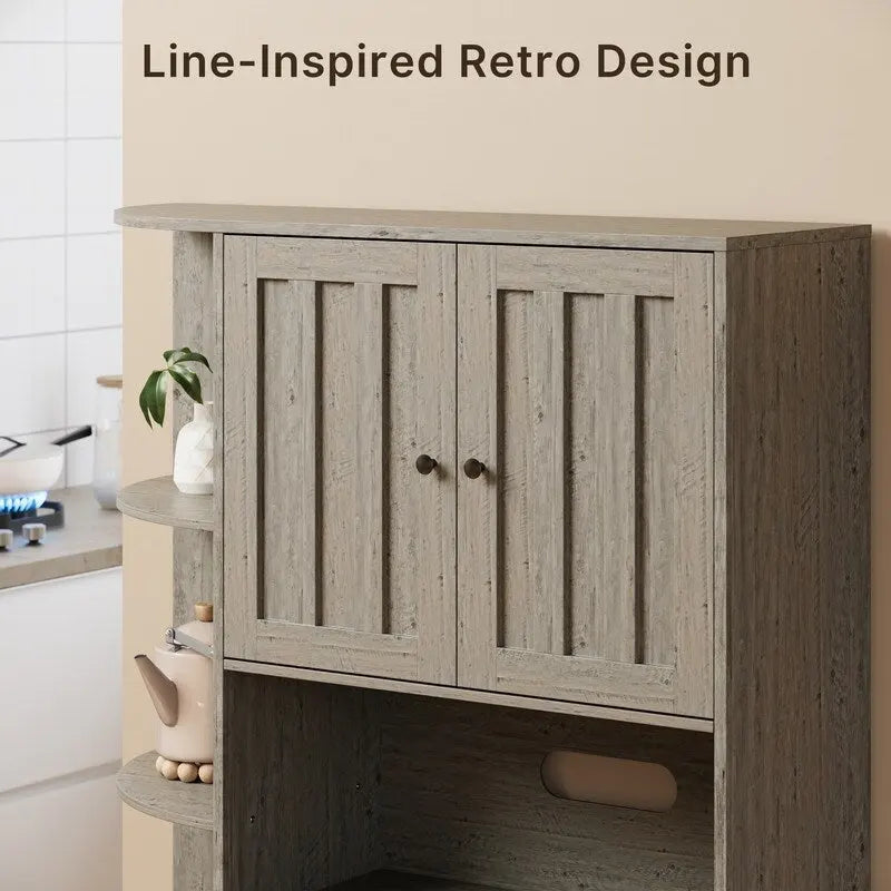 Farmhouse Kitchen Storage Cabinet with Doors and Open Shelves, Buffet Sideboard with Microwave Shelves and Drawers