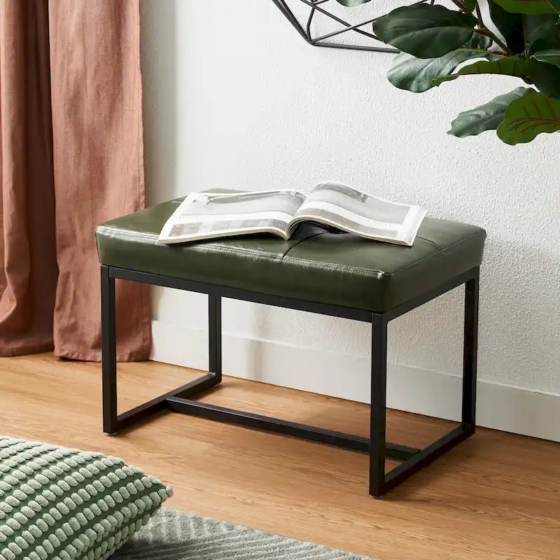 24" Modern Button-Tufted Ottoman Footstool | Faux Leather Upholstery | Metal Frame | 200 lbs Capacity | Versatile Seating & Side Table