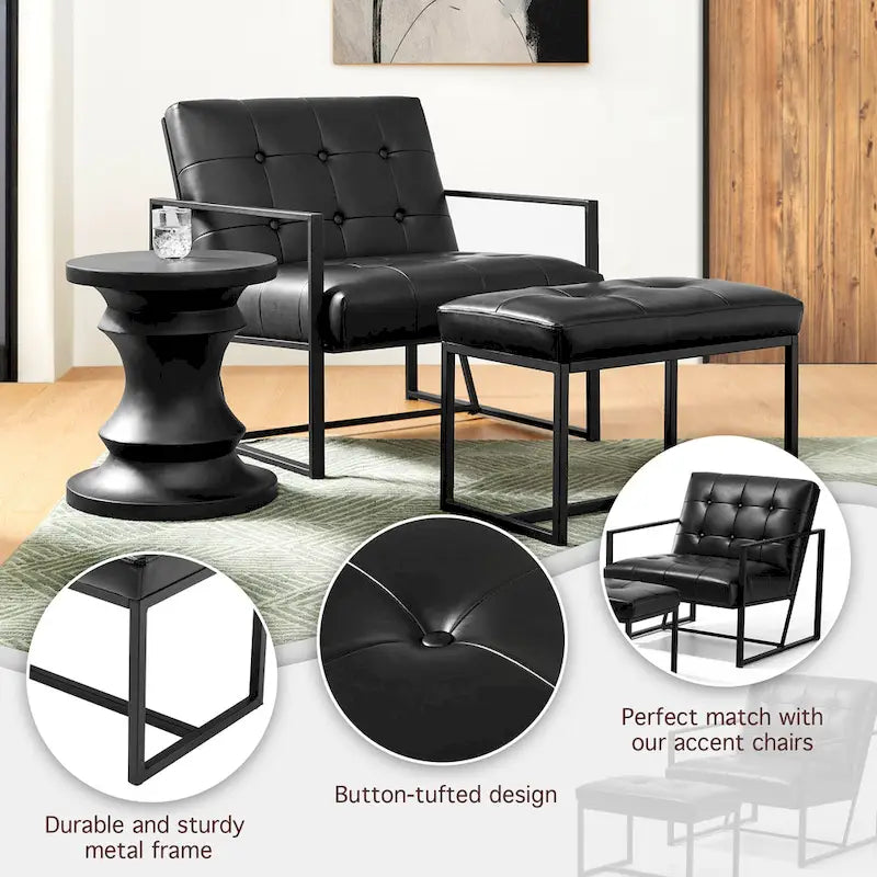 24" Modern Button-Tufted Ottoman Footstool | Faux Leather Upholstery | Metal Frame | 200 lbs Capacity | Versatile Seating & Side Table