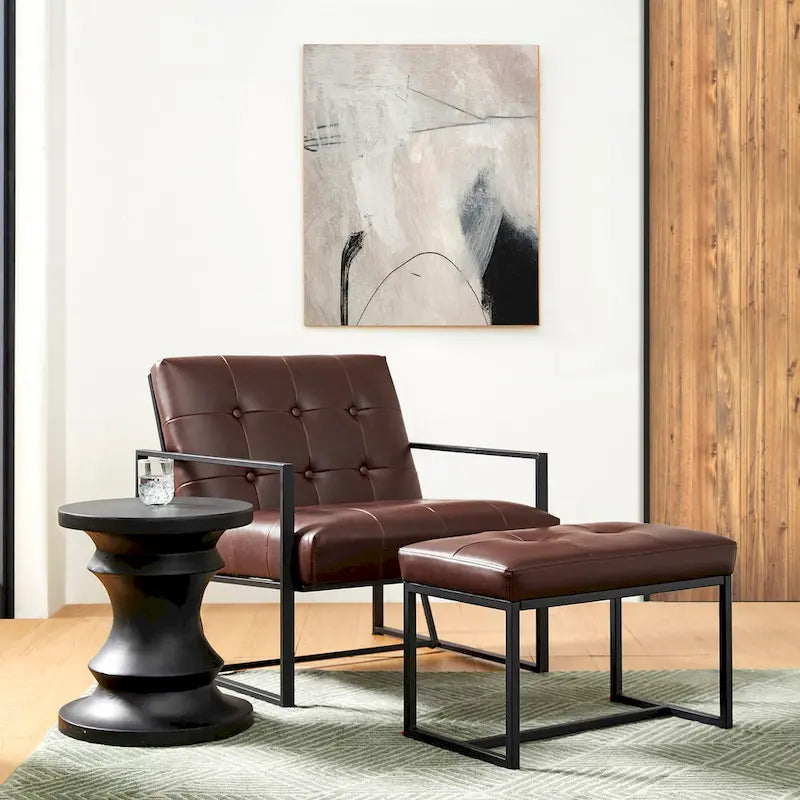 24" Modern Button-Tufted Ottoman Footstool | Faux Leather Upholstery | Metal Frame | 200 lbs Capacity | Versatile Seating & Side Table