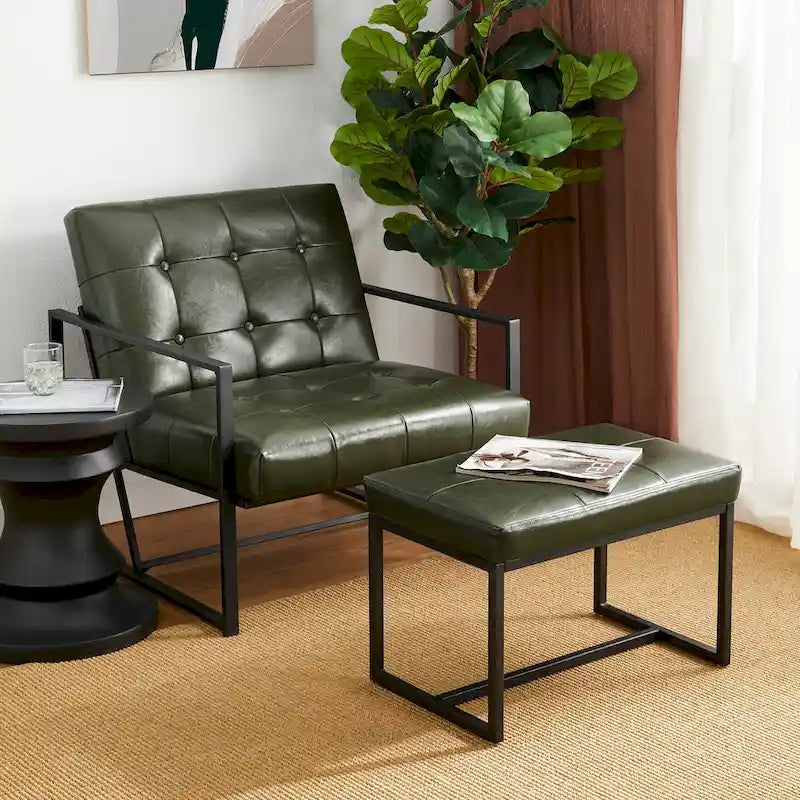24" Modern Button-Tufted Ottoman Footstool | Faux Leather Upholstery | Metal Frame | 200 lbs Capacity | Versatile Seating & Side Table