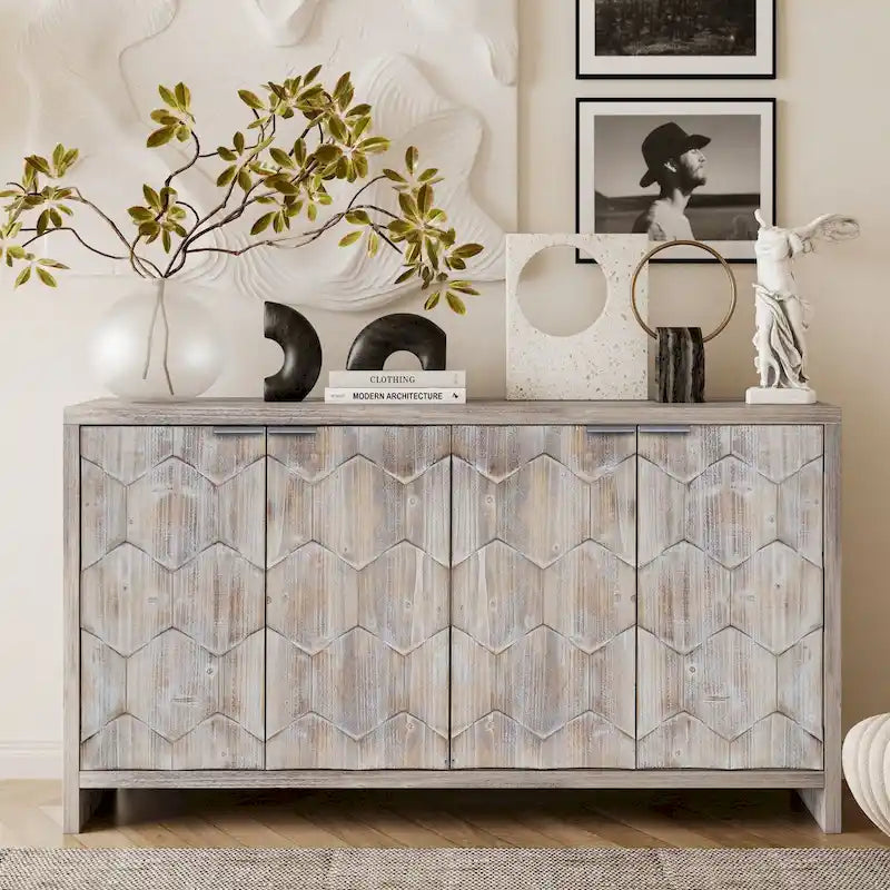 4-Door Wooden Sideboard with Hexagonal Pattern Doors & Adjustable Shelves - Farmhouse Style Storage Cabinet