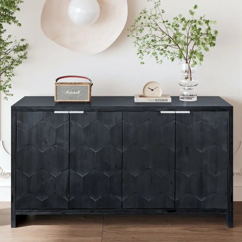4-Door Wooden Sideboard with Hexagonal Pattern Doors & Adjustable Shelves - Farmhouse Style Storage Cabinet