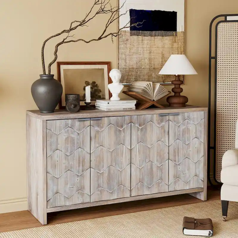 4-Door Wooden Sideboard with Hexagonal Pattern Doors & Adjustable Shelves - Farmhouse Style Storage Cabinet