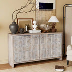 4-Door Wooden Sideboard with Hexagonal Pattern Doors & Adjustable Shelves - Farmhouse Style Storage Cabinet