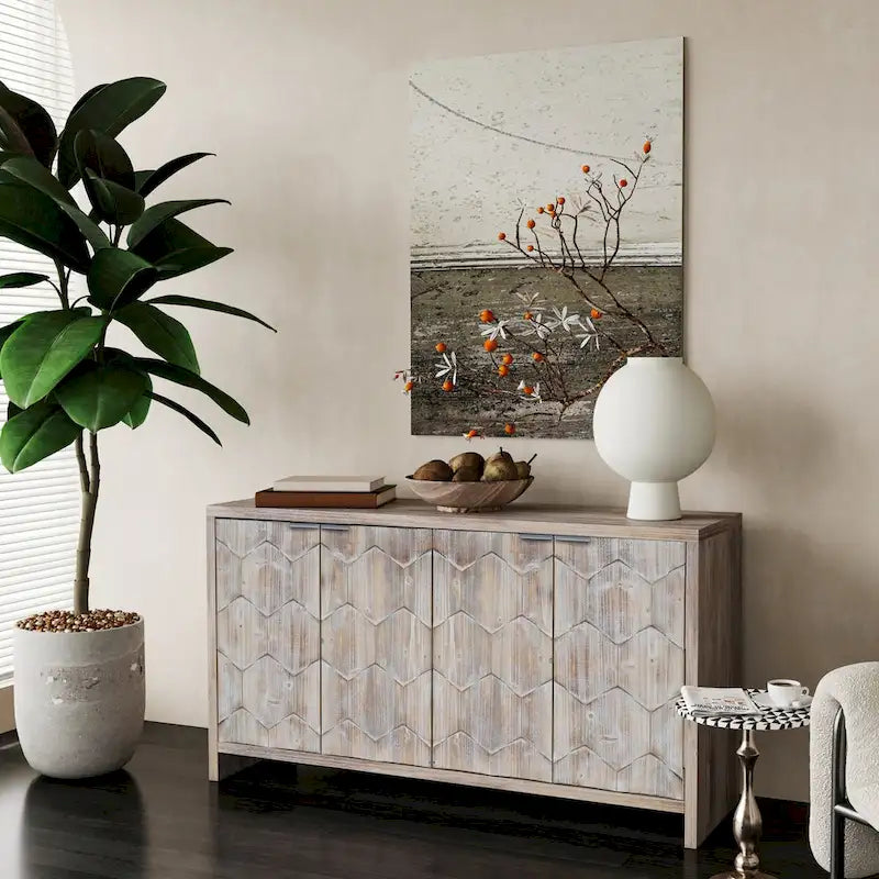 4-Door Wooden Sideboard with Hexagonal Pattern Doors & Adjustable Shelves - Farmhouse Style Storage Cabinet