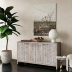 4-Door Wooden Sideboard with Hexagonal Pattern Doors & Adjustable Shelves - Farmhouse Style Storage Cabinet