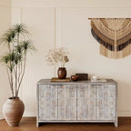 4-Door Wooden Sideboard with Hexagonal Pattern Doors & Adjustable Shelves - Farmhouse Style Storage Cabinet