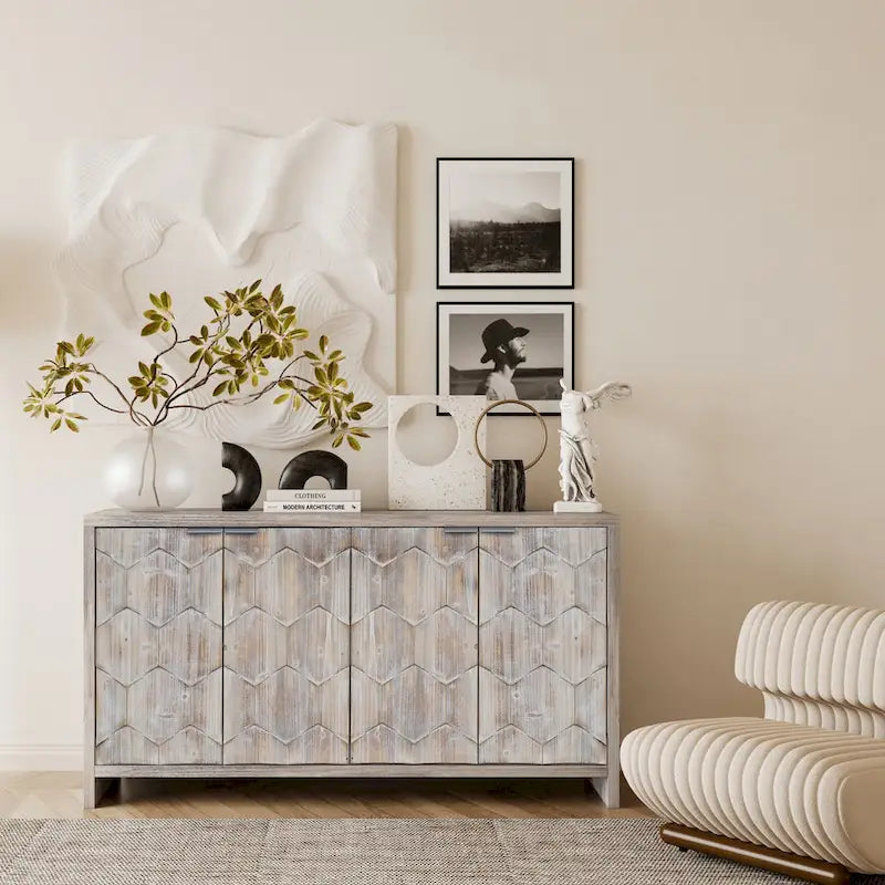 4-Door Wooden Sideboard with Hexagonal Pattern Doors & Adjustable Shelves - Farmhouse Style Storage Cabinet
