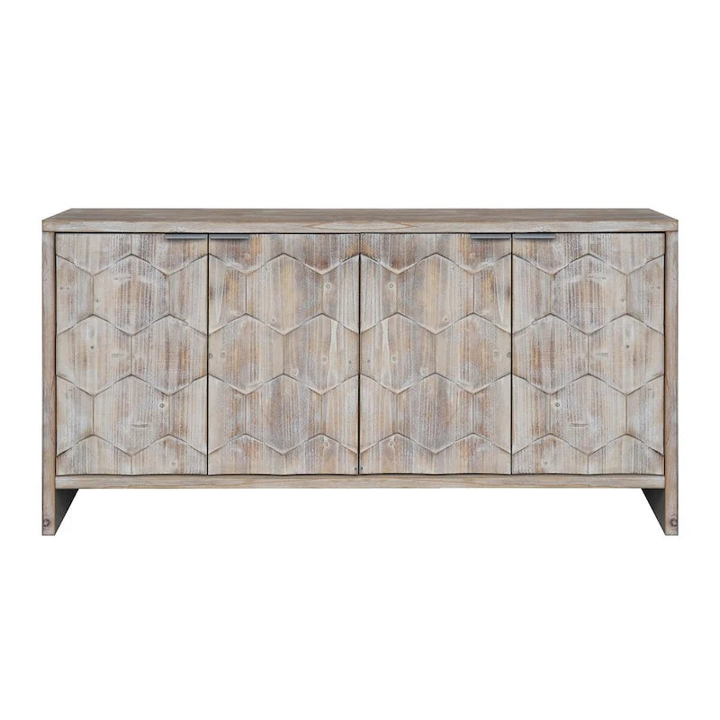 4-Door Wooden Sideboard with Hexagonal Pattern Doors & Adjustable Shelves - Farmhouse Style Storage Cabinet