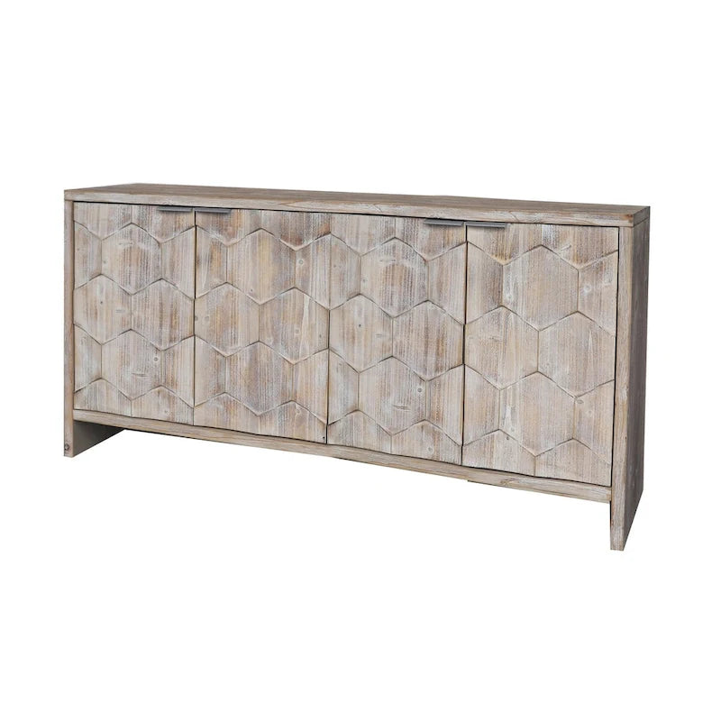 4-Door Wooden Sideboard with Hexagonal Pattern Doors & Adjustable Shelves - Farmhouse Style Storage Cabinet