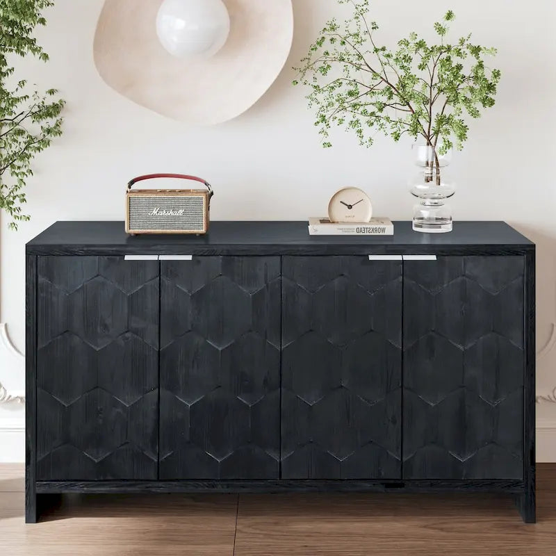 4-Door Wooden Sideboard with Hexagonal Pattern Doors & Adjustable Shelves - Farmhouse Style Storage Cabinet