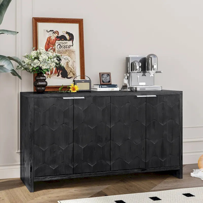 4-Door Wooden Sideboard with Hexagonal Pattern Doors & Adjustable Shelves - Farmhouse Style Storage Cabinet