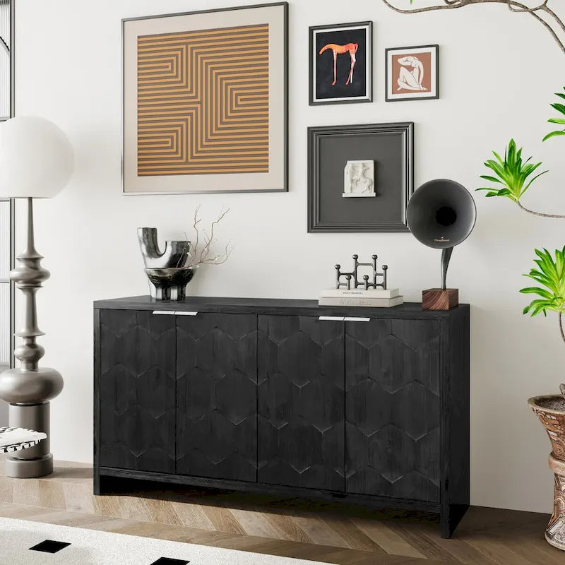 4-Door Wooden Sideboard with Hexagonal Pattern Doors & Adjustable Shelves - Farmhouse Style Storage Cabinet