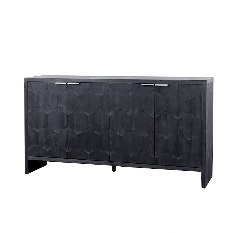 4-Door Wooden Sideboard with Hexagonal Pattern Doors & Adjustable Shelves - Farmhouse Style Storage Cabinet