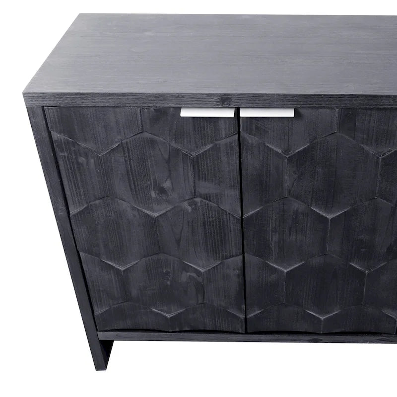 4-Door Wooden Sideboard with Hexagonal Pattern Doors & Adjustable Shelves - Farmhouse Style Storage Cabinet