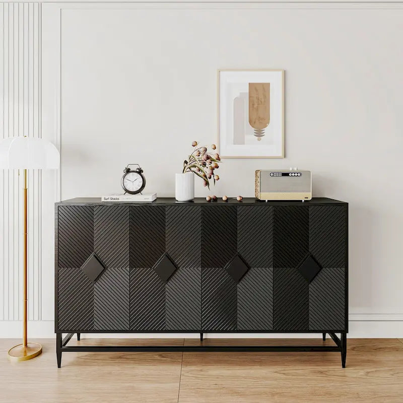 60-inch 4-Door Sideboard Buffet Cabinet | Modern Black Lacquered Wood | Adjustable Shelves | Fluted Design | Living Room Dining Storage