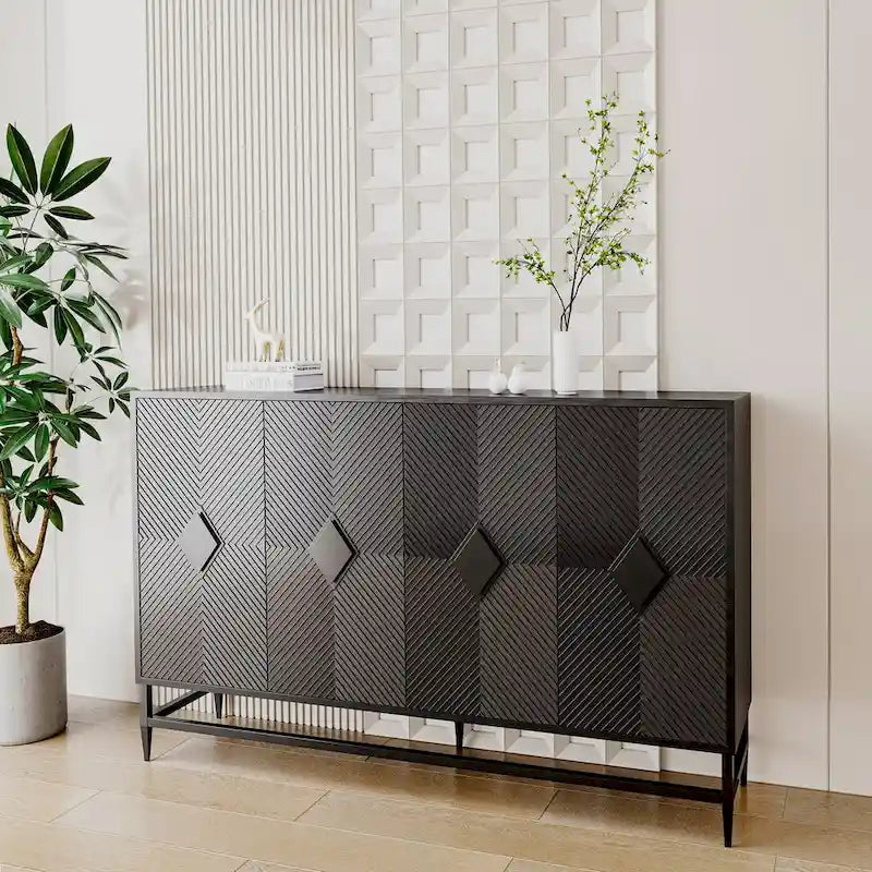 60-inch 4-Door Sideboard Buffet Cabinet | Modern Black Lacquered Wood | Adjustable Shelves | Fluted Design | Living Room Dining Storage