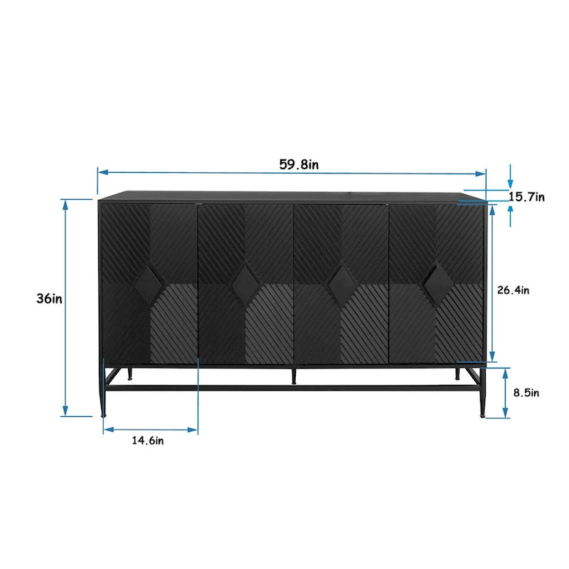 60-inch 4-Door Sideboard Buffet Cabinet | Modern Black Lacquered Wood | Adjustable Shelves | Fluted Design | Living Room Dining Storage