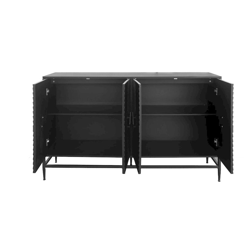 60-inch 4-Door Sideboard Buffet Cabinet | Modern Black Lacquered Wood | Adjustable Shelves | Fluted Design | Living Room Dining Storage