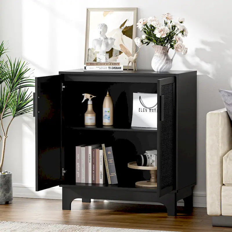Black Buffet Sideboard 2-Door Rattan MDF Storage Cabinet Adjustable Shelf Wood Handles 31.5"W x 15.7"D x 35"H Modern Farmhouse