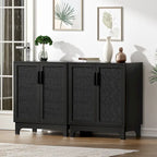 Black Buffet Sideboard 2-Door Rattan MDF Storage Cabinet Adjustable Shelf Wood Handles 31.5"W x 15.7"D x 35"H Modern Farmhouse