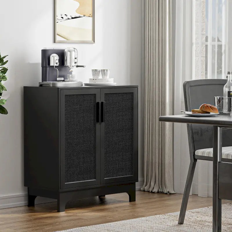 Black Buffet Sideboard 2-Door Rattan MDF Storage Cabinet Adjustable Shelf Wood Handles 31.5"W x 15.7"D x 35"H Modern Farmhouse