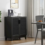 Black Buffet Sideboard 2-Door Rattan MDF Storage Cabinet Adjustable Shelf Wood Handles 31.5"W x 15.7"D x 35"H Modern Farmhouse