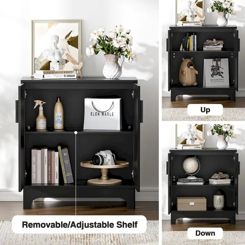 Black Buffet Sideboard 2-Door Rattan MDF Storage Cabinet Adjustable Shelf Wood Handles 31.5"W x 15.7"D x 35"H Modern Farmhouse