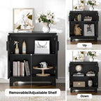 Black Buffet Sideboard 2-Door Rattan MDF Storage Cabinet Adjustable Shelf Wood Handles 31.5"W x 15.7"D x 35"H Modern Farmhouse