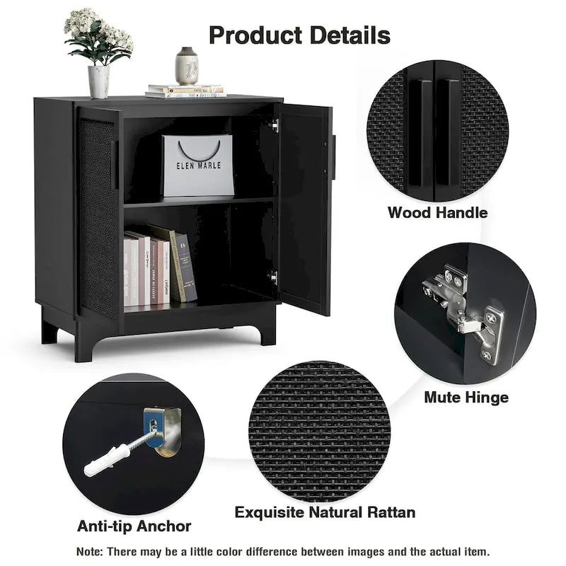 Black Buffet Sideboard 2-Door Rattan MDF Storage Cabinet Adjustable Shelf Wood Handles 31.5"W x 15.7"D x 35"H Modern Farmhouse
