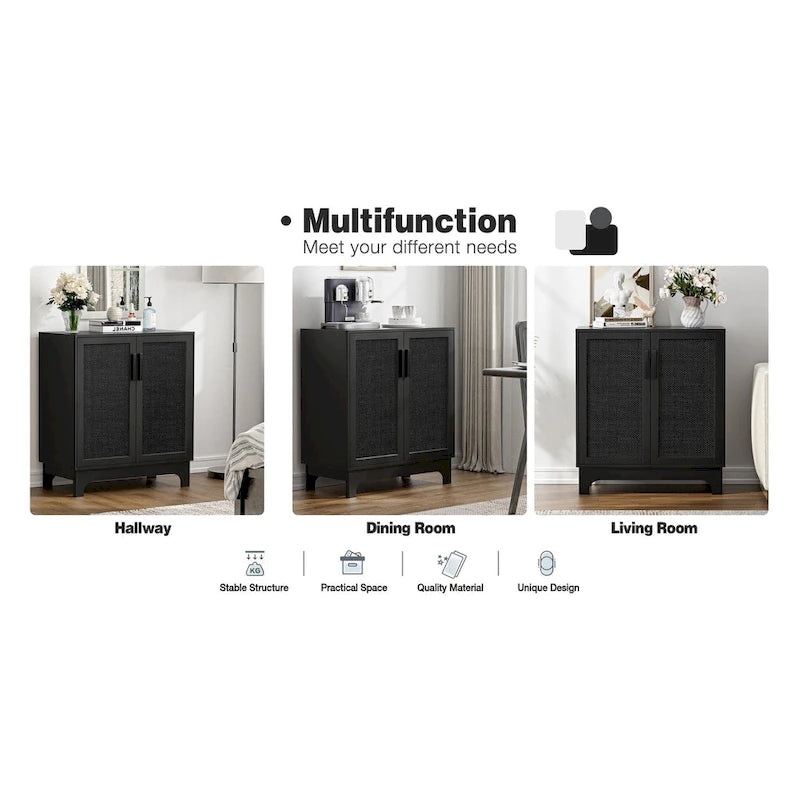 Black Buffet Sideboard 2-Door Rattan MDF Storage Cabinet Adjustable Shelf Wood Handles 31.5"W x 15.7"D x 35"H Modern Farmhouse