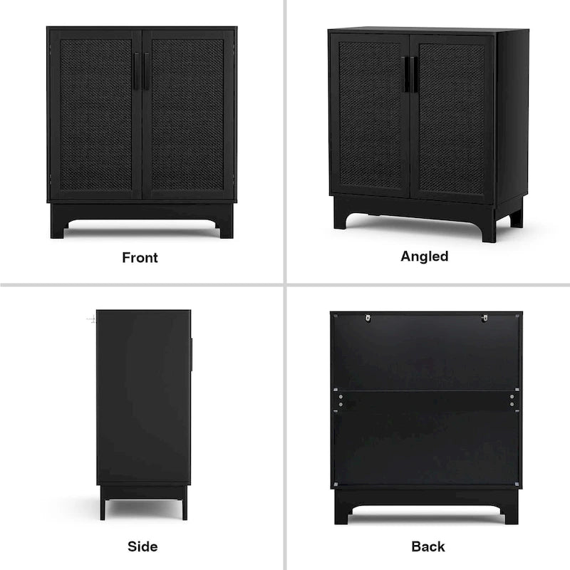 Black Buffet Sideboard 2-Door Rattan MDF Storage Cabinet Adjustable Shelf Wood Handles 31.5"W x 15.7"D x 35"H Modern Farmhouse