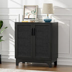Black Buffet Sideboard 2-Door Rattan MDF Storage Cabinet Adjustable Shelf Wood Handles 31.5"W x 15.7"D x 35"H Modern Farmhouse