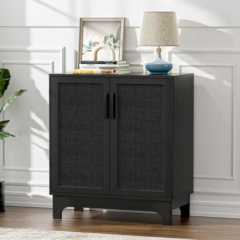 Black Buffet Sideboard 2-Door Rattan MDF Storage Cabinet Adjustable Shelf Wood Handles 31.5"W x 15.7"D x 35"H Modern Farmhouse
