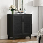 Black Buffet Sideboard 2-Door Rattan MDF Storage Cabinet Adjustable Shelf Wood Handles 31.5"W x 15.7"D x 35"H Modern Farmhouse
