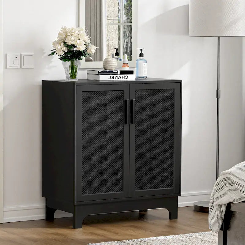 Black Buffet Sideboard 2-Door Rattan MDF Storage Cabinet Adjustable Shelf Wood Handles 31.5"W x 15.7"D x 35"H Modern Farmhouse