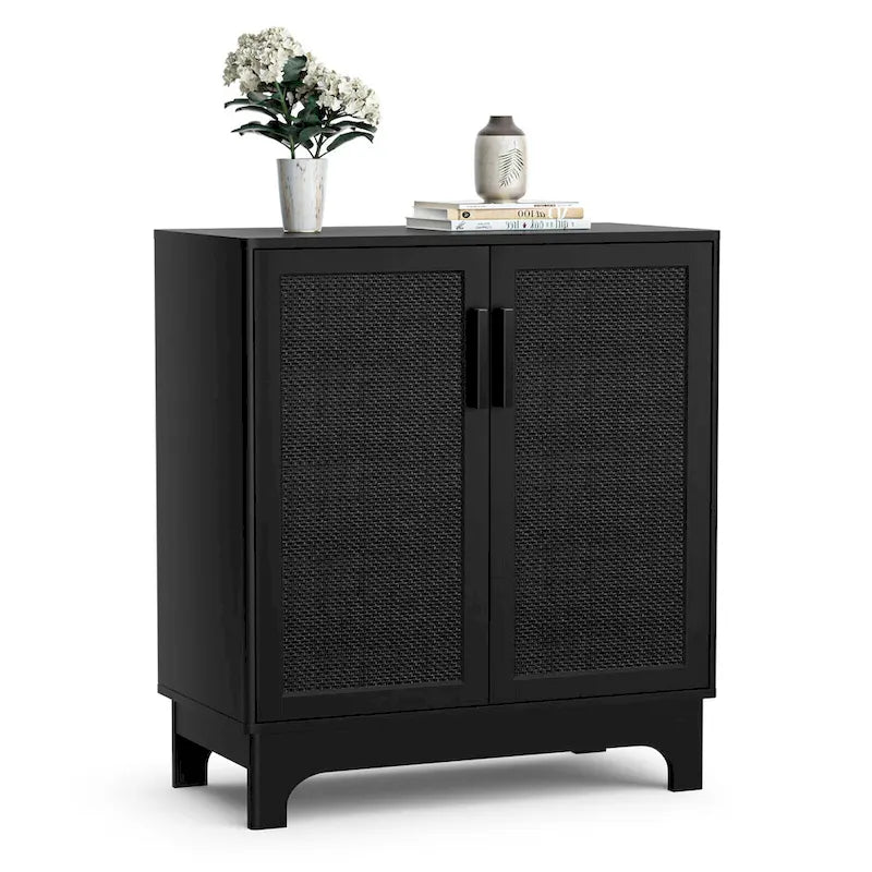 Black Buffet Sideboard 2-Door Rattan MDF Storage Cabinet Adjustable Shelf Wood Handles 31.5"W x 15.7"D x 35"H Modern Farmhouse