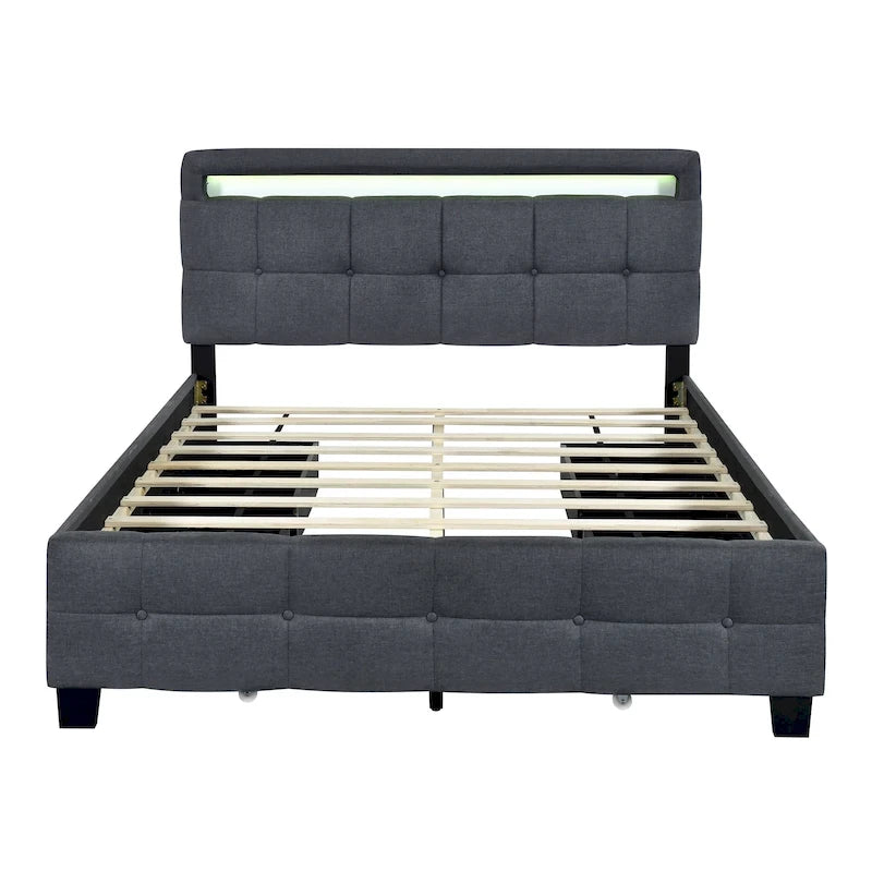 Queen Upholstered Platform Bed with RGB LED Lights & 4 Storage Drawers | Linen Fabric | Lattice Headboard | 500lbs Capacity | Beige/Gray