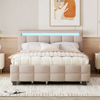 Queen Upholstered Platform Bed with RGB LED Lights & 4 Storage Drawers | Linen Fabric | Lattice Headboard | 500lbs Capacity | Beige/Gray
