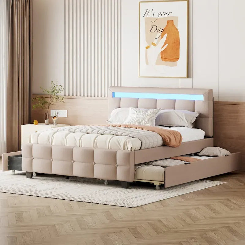 Queen Upholstered Platform Bed with RGB LED Lights & 4 Storage Drawers | Linen Fabric | Lattice Headboard | 500lbs Capacity | Beige/Gray