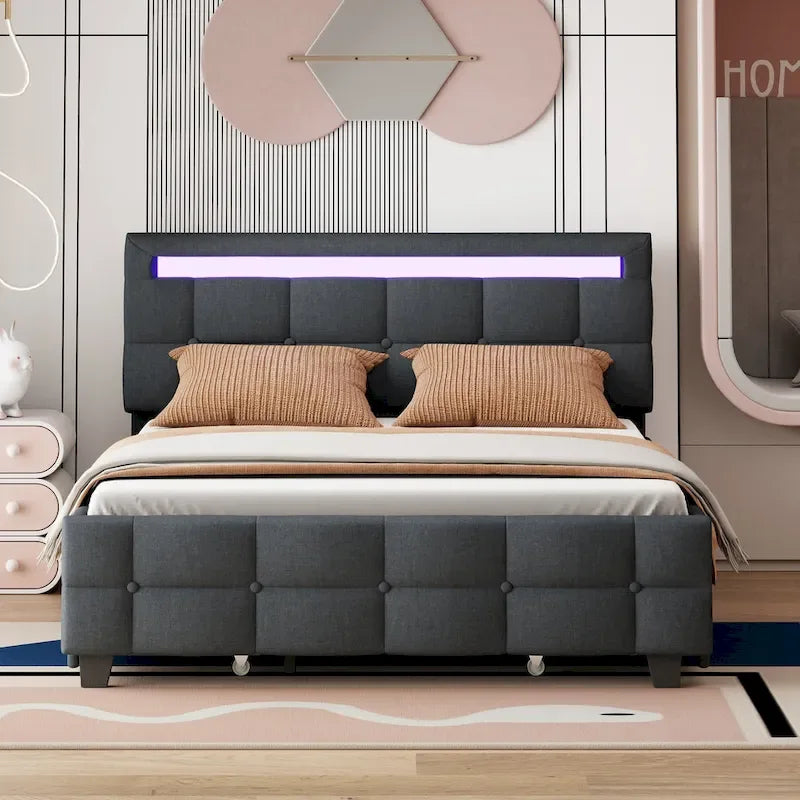 Queen Upholstered Platform Bed with RGB LED Lights & 4 Storage Drawers | Linen Fabric | Lattice Headboard | 500lbs Capacity | Beige/Gray
