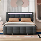 Queen Upholstered Platform Bed with RGB LED Lights & 4 Storage Drawers | Linen Fabric | Lattice Headboard | 500lbs Capacity | Beige/Gray