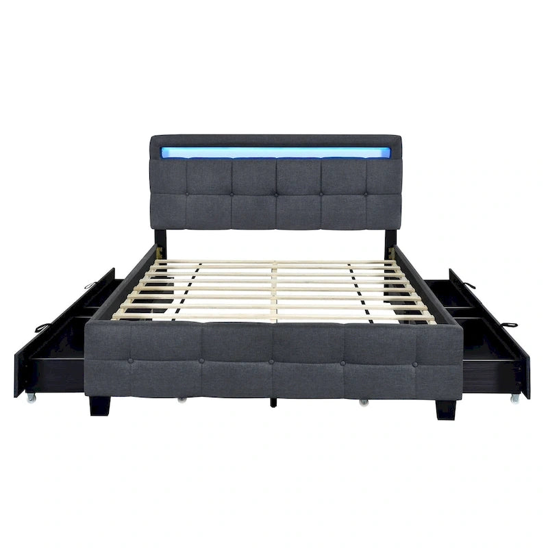 Queen Upholstered Platform Bed with RGB LED Lights & 4 Storage Drawers | Linen Fabric | Lattice Headboard | 500lbs Capacity | Beige/Gray