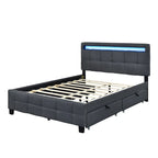 Queen Upholstered Platform Bed with RGB LED Lights & 4 Storage Drawers | Linen Fabric | Lattice Headboard | 500lbs Capacity | Beige/Gray